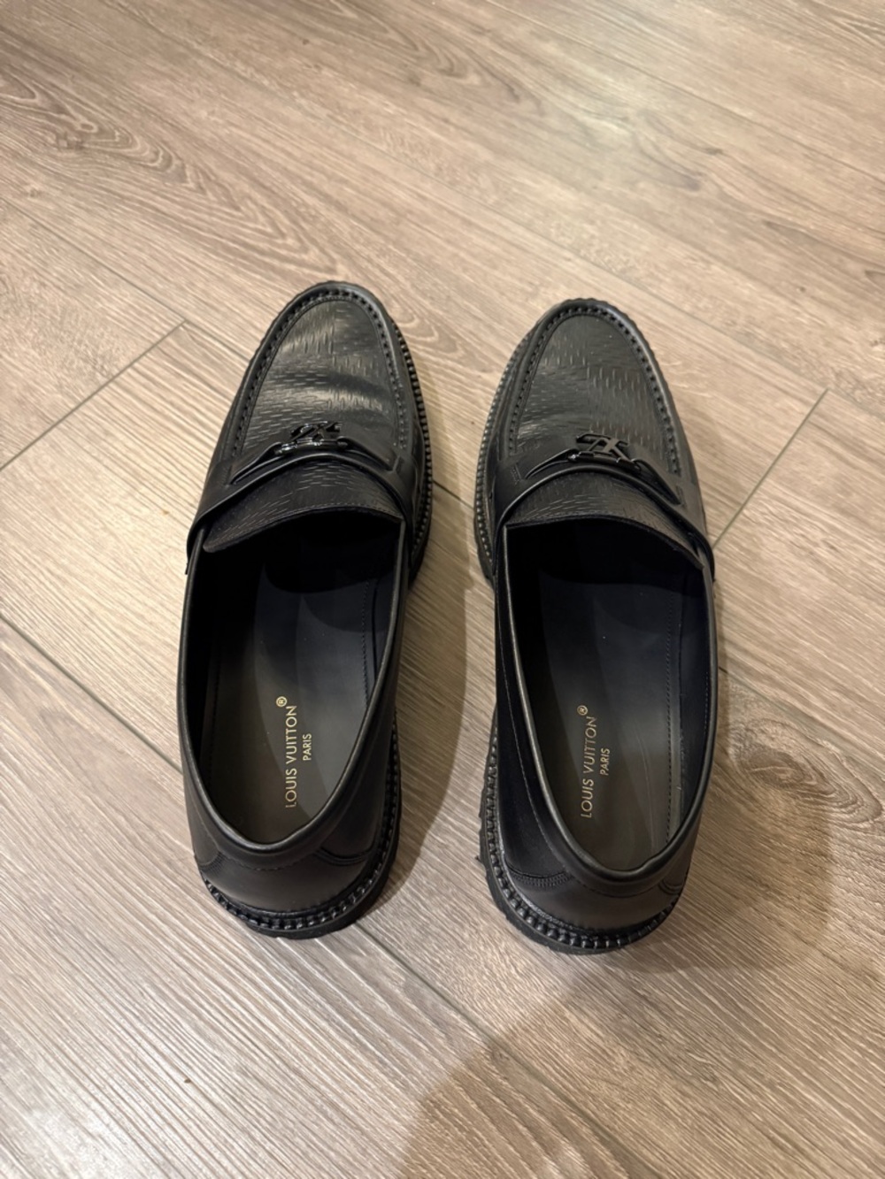 Louis Vuitton Black Embossed Leather Penny Loafers with LV Hardware - Picture 2 of 4